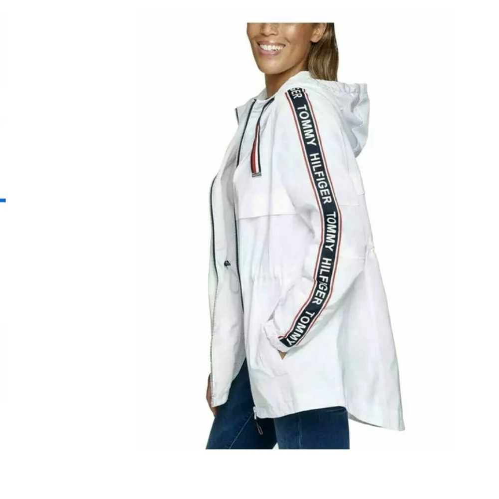 NWT Tommy Hilfiger Ladies' Long Windbreaker Logo Hooded Rain Jacket SIZE S